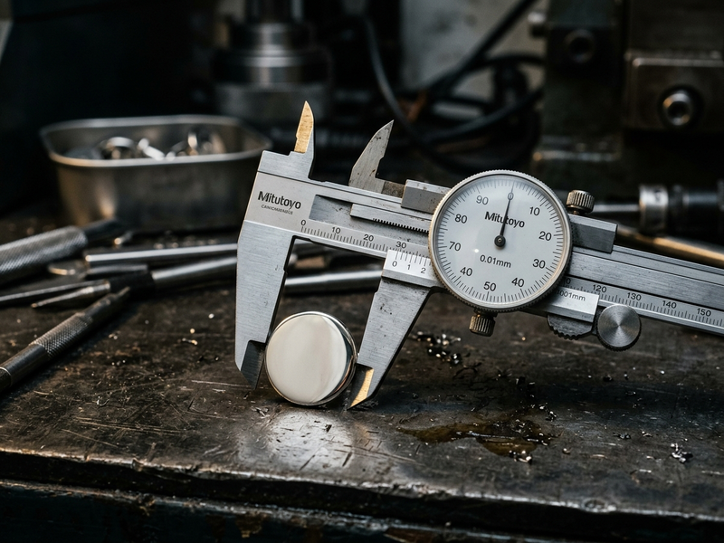 Steel calipers measuring the precise thickness of a polished silver cufflink