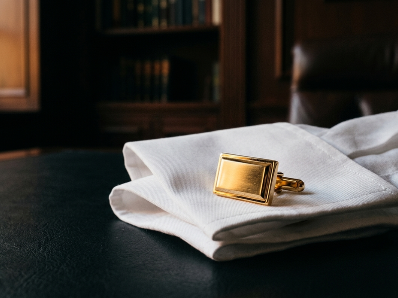 Gold-tone cufflink catching warm light against a white French cuff shirt