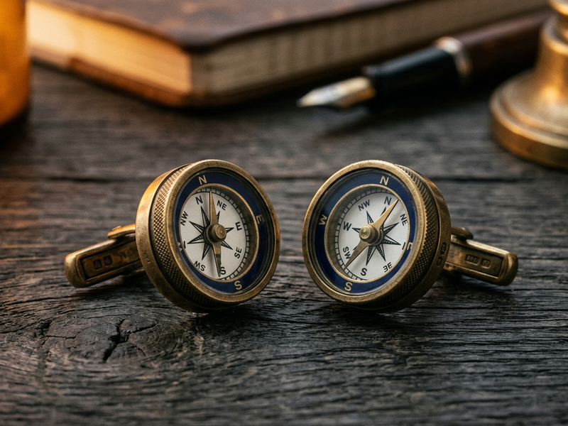 Collection of enamel novelty cufflinks featuring musical notes and compass designs